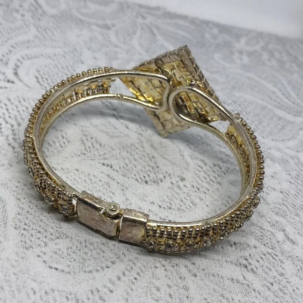 VINTAGE rhinestone statement glam art deco style clamper hinge formal bracelet.